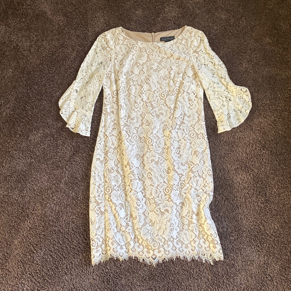 NWOT Jessica Howard White Lace Crewneck Quarter Sleeve Mini Dress